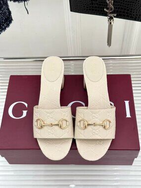 Gucci Cream GG Embossed Leather Slide Heels Gold Horsebit Block Heel Sandals